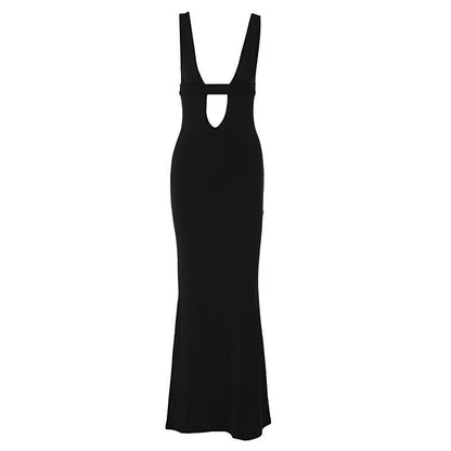 Sleeveless Low Cut Hollow Out Solid Backless Cut Out Maxi Dress