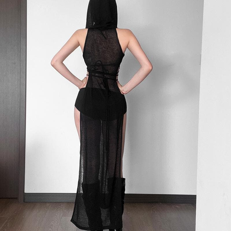 binfenxie Sleeveless Hoodie Low Cut Slit Self Tie Turtle Neck See Through Maxi Dress