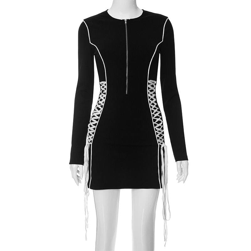 Crewneck Long Sleeve Zip-Up Lace Up Contrast Mini Dress