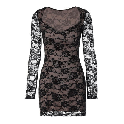 Long Sleeve V Neck Lace Contrast Patchwork Mini Dress