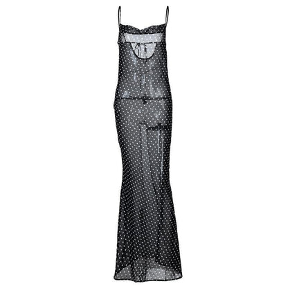 Cowl Neck Polka Dot Mesh See Through Maxi Dress