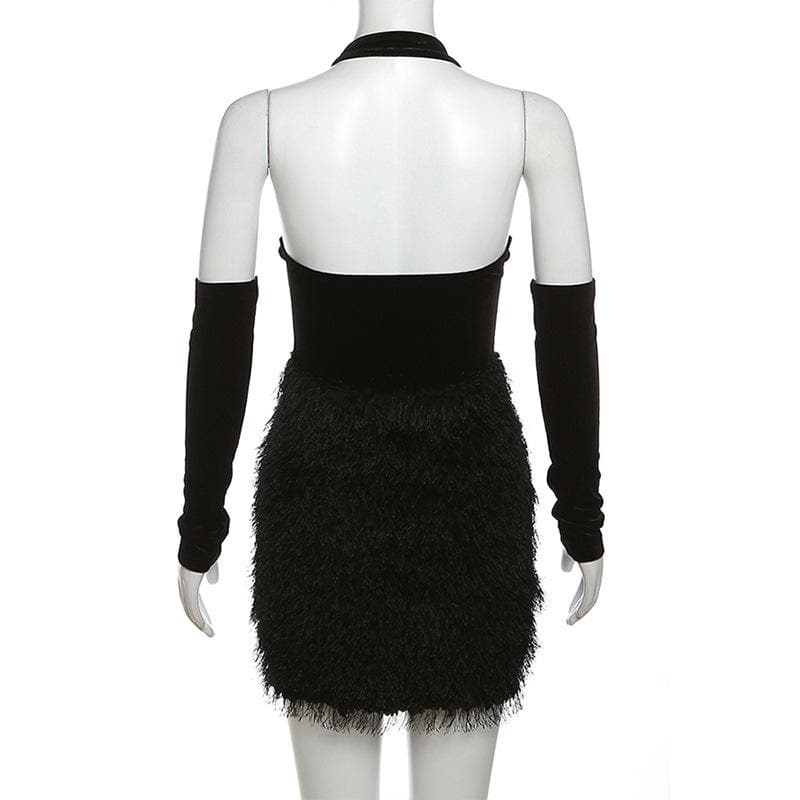 Fluffy Mesh Patchwork Halter Gloves Solid Backless Mini Dress