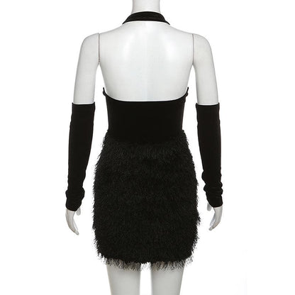 Fluffy Mesh Patchwork Halter Gloves Solid Backless Mini Dress