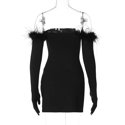 Feather Solid Slit Backless Gloves Tube Mini Dress