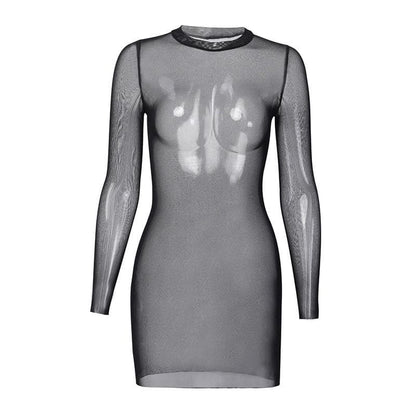 Sheer Mesh See Through Solid Long Sleeve Mini Bodycon Dress