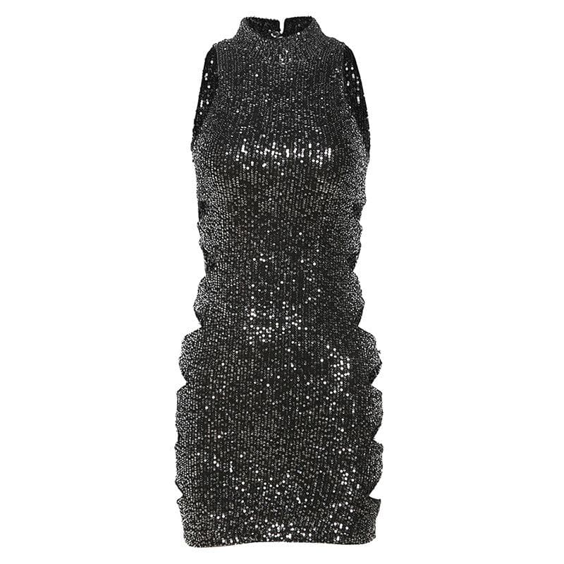 Glitter Hollow Out High Neck Button Sleeveless Cut Out Mini Dress