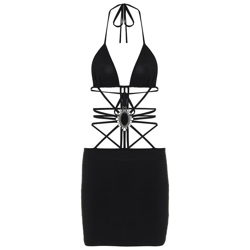 Halter Self Tie Ruched Backless Stone Applique Solid Mini Dress