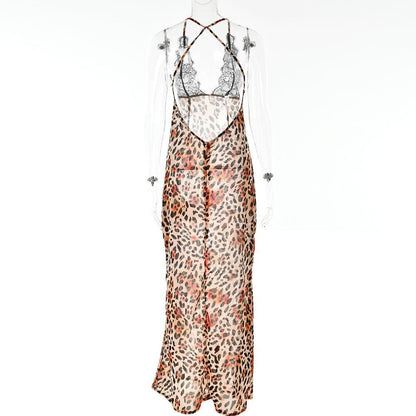 Cross Back Contrast Leopard Print V Neck Lace Patchwork Maxi Dress