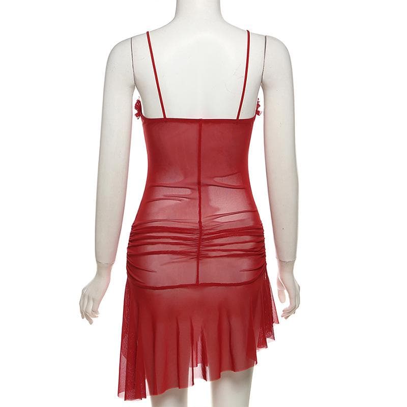 Ruched Ruffle Slit Sheer Mesh Hollow Out Cami Cut Out Mini Dress