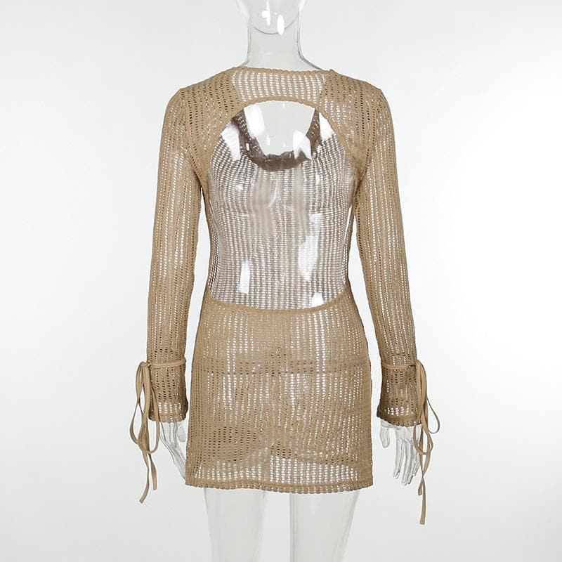 Crochet See Through Cowl Neck Long Sleeve Hollow Out Cut Out Mini Dress