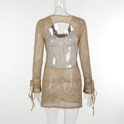 Crochet See Through Cowl Neck Long Sleeve Hollow Out Cut Out Mini Dress