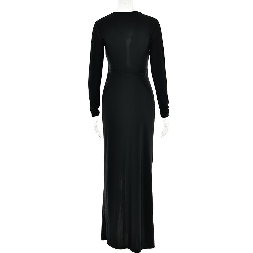 Long Sleeve V Neck Ruched Slit Solid Irregular Maxi Dress