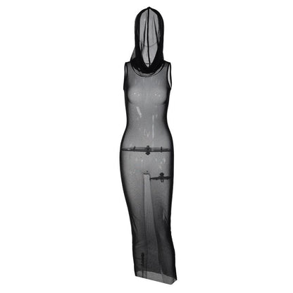 Sheer Mesh See Through Hoodie Sleeveless Maxi Dress