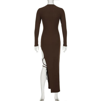 Self Tie Irregular Long Sleeve Slit Crewneck Solid Midi Dress