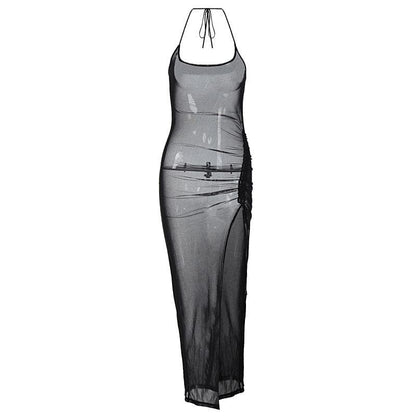 Halter Drawstring Sheer Mesh See Through Slit Backless Maxi Dress