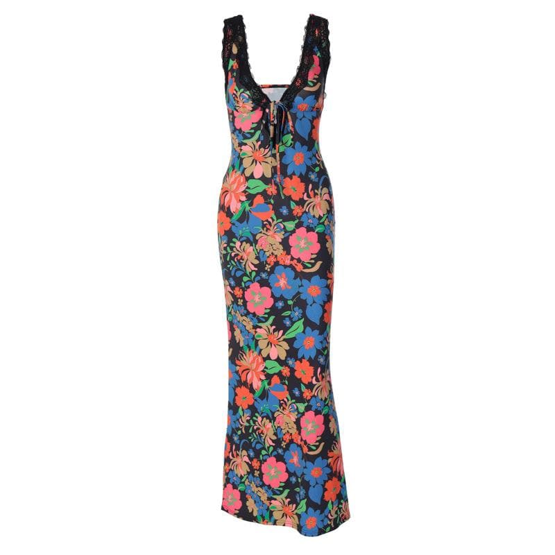 Lace Hem Sleeveless V Neck Flower Print Contrast Maxi Dress