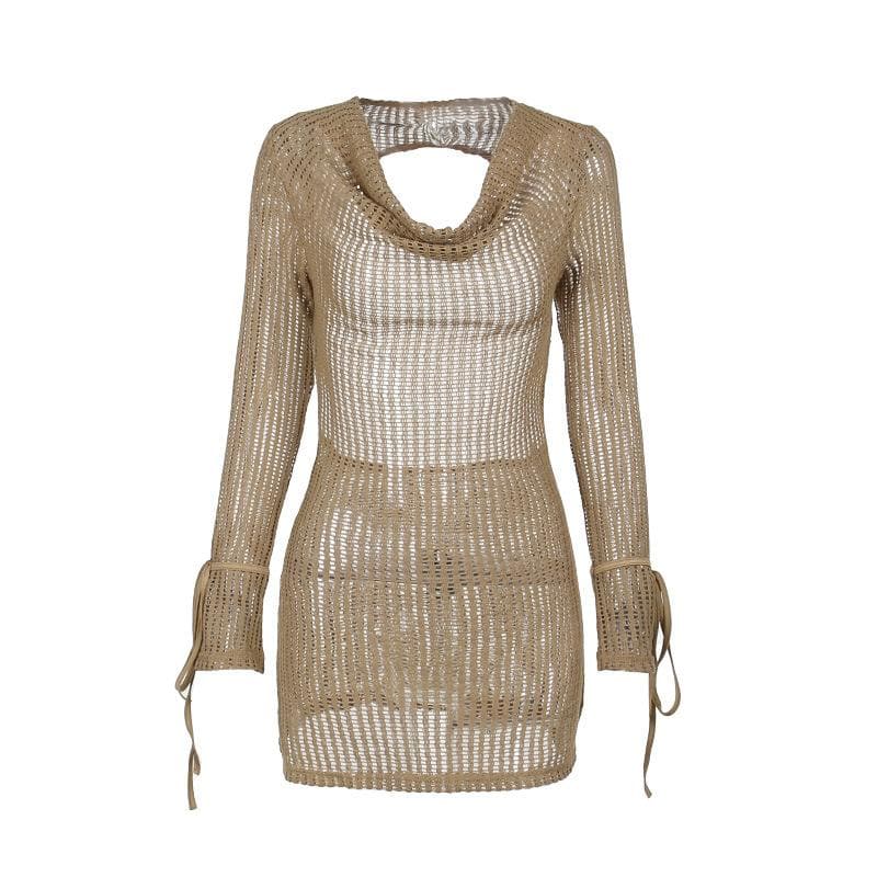 Crochet See Through Cowl Neck Long Sleeve Hollow Out Cut Out Mini Dress