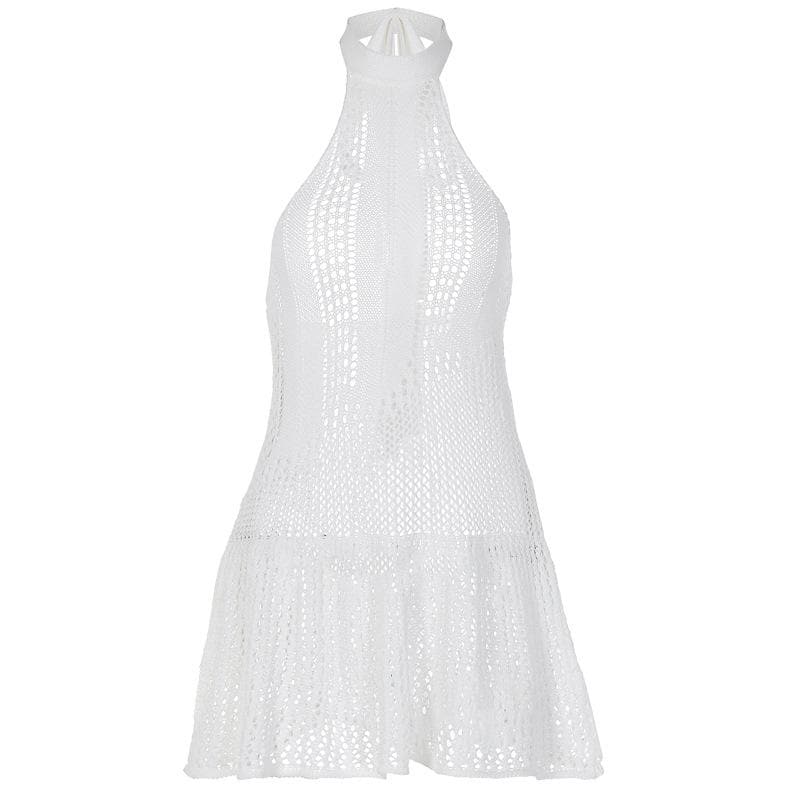 Crochet Solid Backless Sleeveless Halter Self Tie Mini Dress