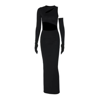 Long Sleeve Gloves Irregular Hollow Out Crewneck Cut Out Maxi Dress