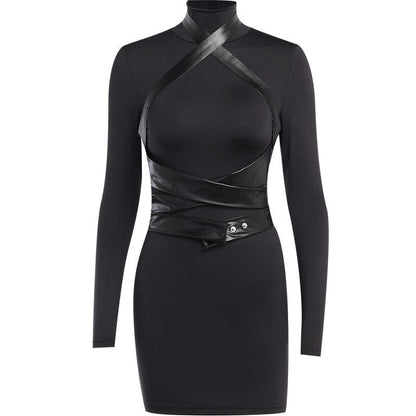 Long Sleeve High Neck Cross Front Button Zip-Up Mini Dress