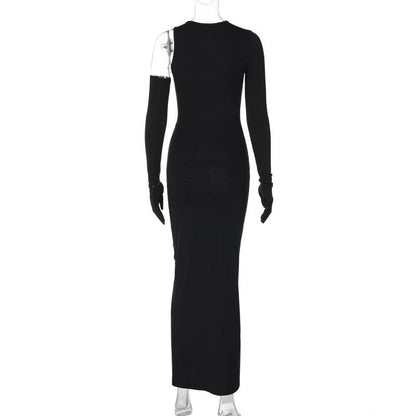 Long Sleeve Gloves Irregular Hollow Out Crewneck Cut Out Maxi Dress