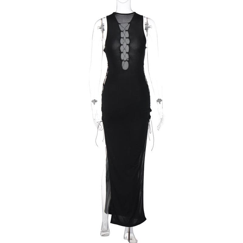 Hollow Out Sleeveless Lace Up Slit Solid Cut Out Maxi Dress