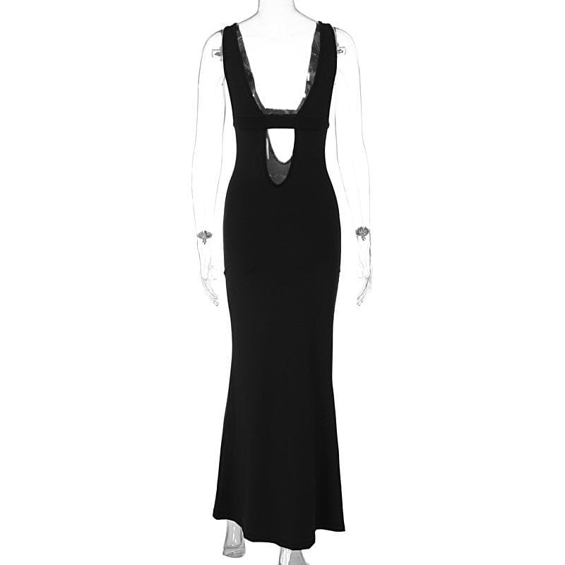 Sleeveless Low Cut Hollow Out Solid Backless Cut Out Maxi Dress