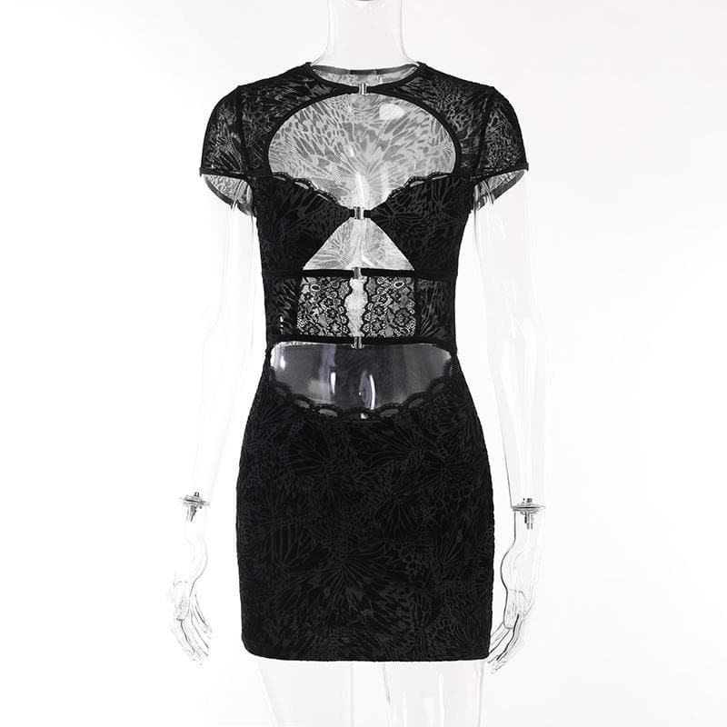 Button Short Sleeve Hollow Out Textured Cut Out Mini Dress