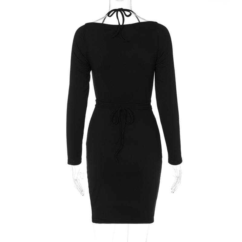 Cross Front Self Tie Halter Solid Long Sleeve Notch Neck Mini Dress