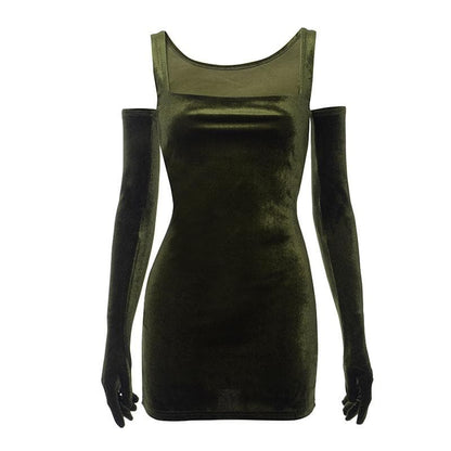 Velvet Sleeveless Gloves Solid Square Neck Mini Dress