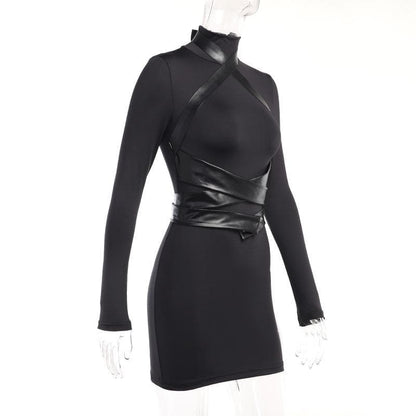 Long Sleeve High Neck Cross Front Button Zip-Up Mini Dress