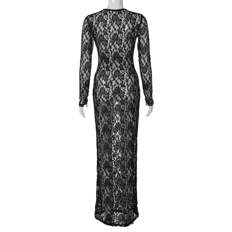 Lace See Through Long Sleeve Solid Crewneck Maxi Dress