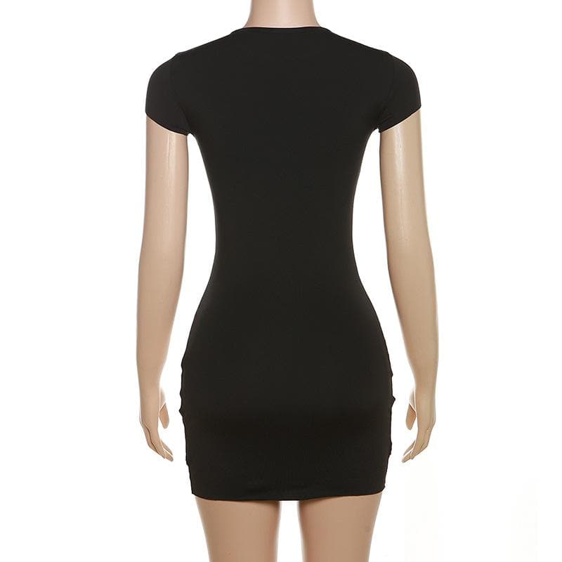 Crewneck Cap Sleeve Hollow Out Solid Cut Out Mini Dress