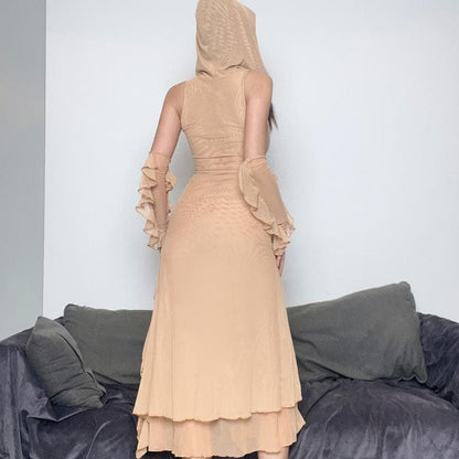 Sleeveless Solid Mesh Slit Gloves Hoodie Midi Dress