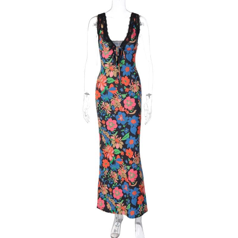 Lace Hem Sleeveless V Neck Flower Print Contrast Maxi Dress