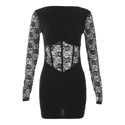 Lace Patchwork Corset Long Sleeve Solid Ruched Mini Dress