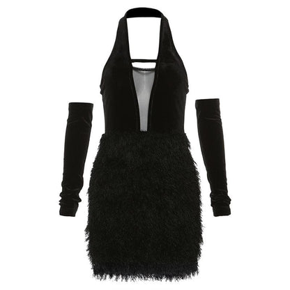 Fluffy Mesh Patchwork Halter Gloves Solid Backless Mini Dress