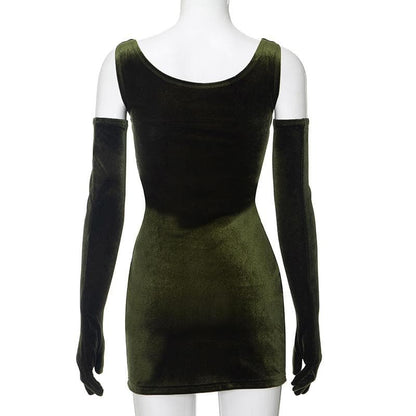 Velvet Sleeveless Gloves Solid Square Neck Mini Dress