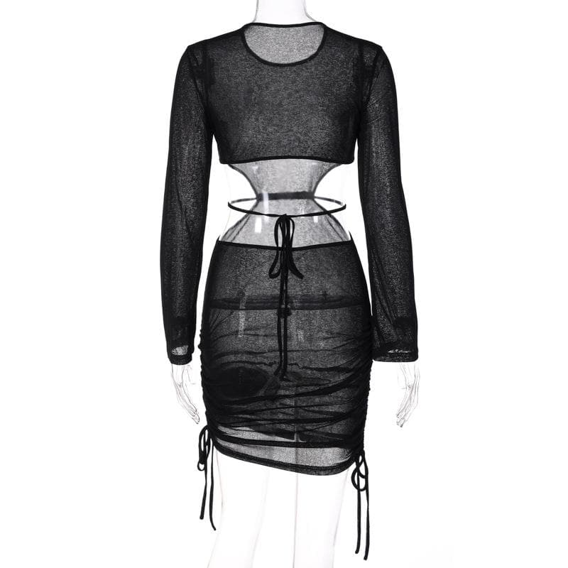 See Through Long Sleeve Ruched Open Back Drawstring Dress