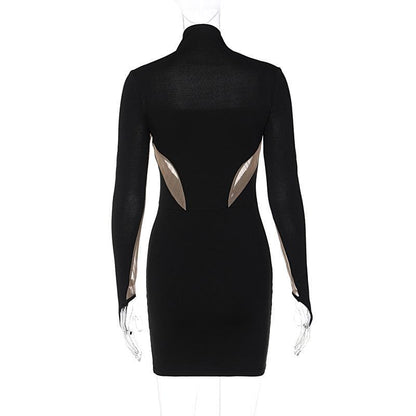 Mesh Patchwork Contrast Gloves High Neck Mini Dress