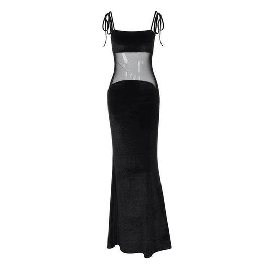 Self Tie Mesh Patchwork Backless Velvet Solid Cami Maxi Dress