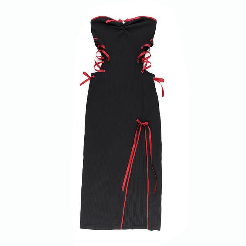 Bowknot Ruched Ribbon Lace Up Slit Ribbed Tube Midi Dress