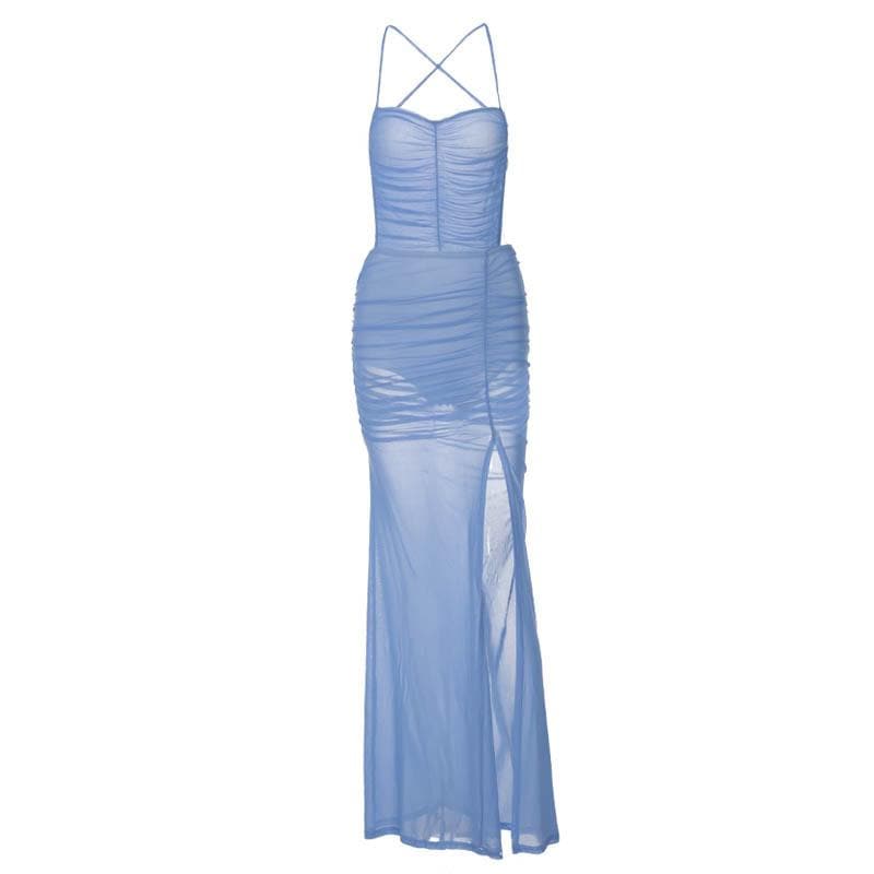 Backless Mesh Cross Back Ruched Slit Self Tie Solid Maxi Dress