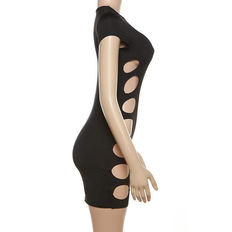 Crewneck Cap Sleeve Hollow Out Solid Cut Out Mini Dress