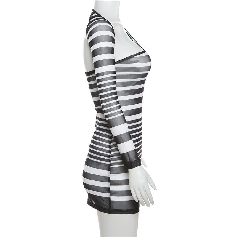 Irregular Sheer Mesh See Through One Shoulder Striped Mini Dress