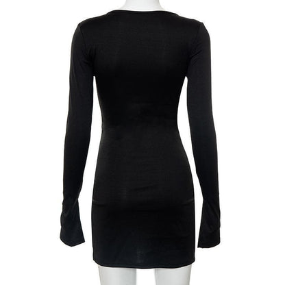 Long Sleeve Deep V Neck Slit Solid Mini Dress