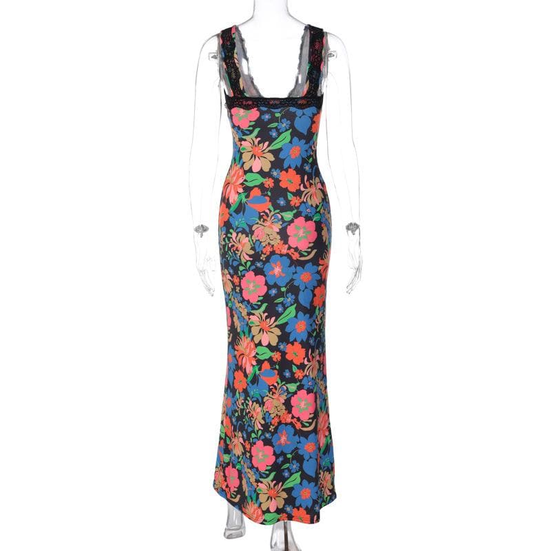 Lace Hem Sleeveless V Neck Flower Print Contrast Maxi Dress