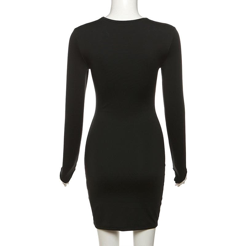 Hollow Out Long Sleeve Gloves Solid Crewneck Cut Out Mini Dress