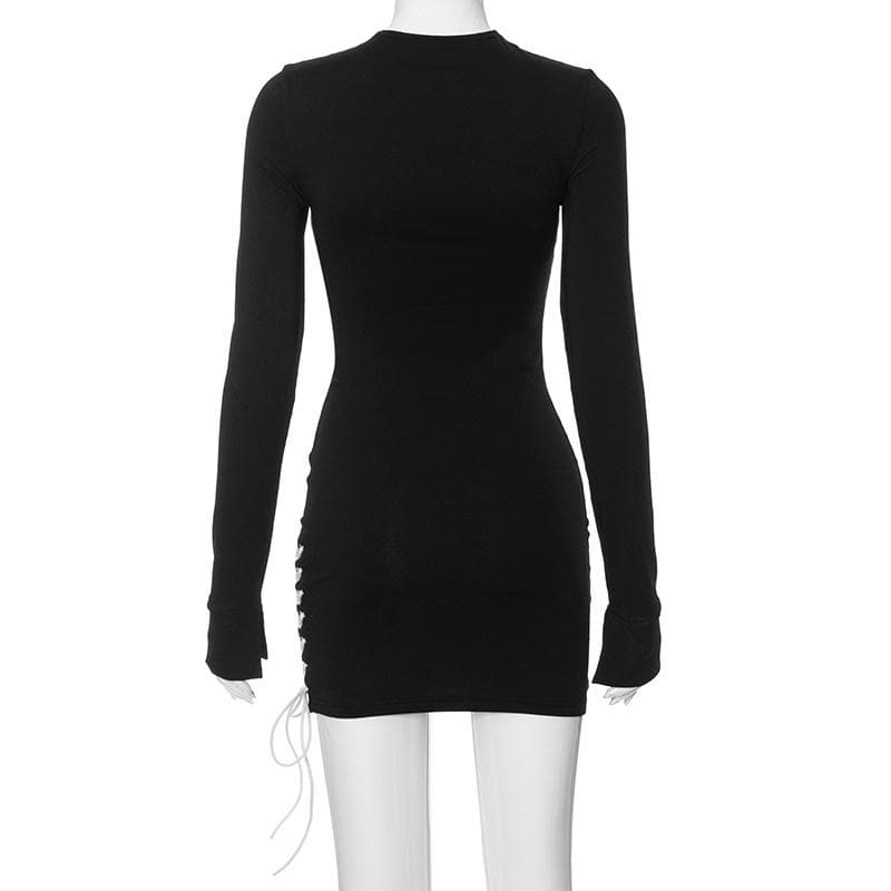 Lace Up Contrast Long Sleeve Irregular Crewneck Mini Dress