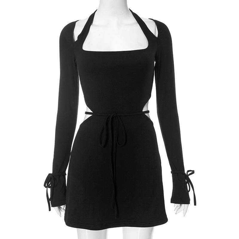 Long Flared Sleeve Halter Square Neck Hollow Out Cut Out Mini Dress